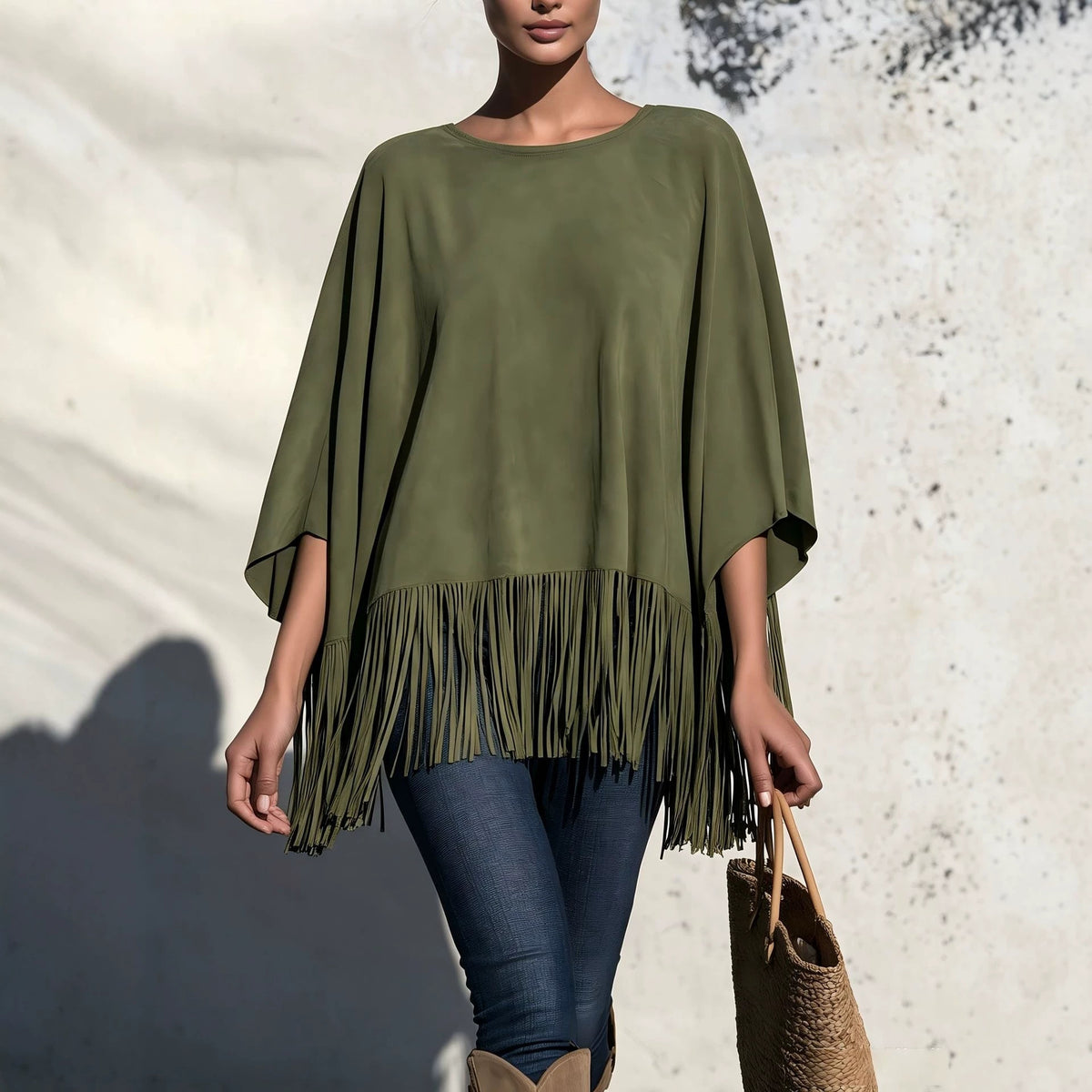 Chemisier femme ample col rond a franges - Fluide et original