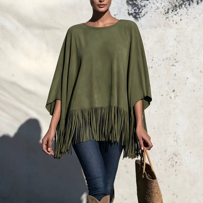 Chemisier femme ample col rond a franges - Fluide et original