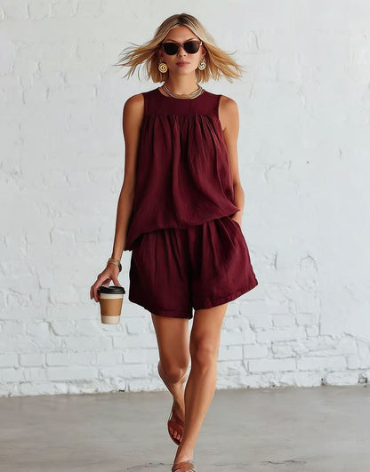 Ensemble femme retro top plisse sans manches et short large - Elegant et estival