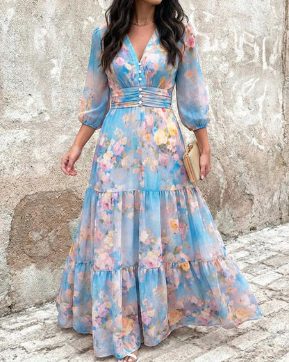 Vestito da donna aderente con volant sovrapposti e maniche 3/4