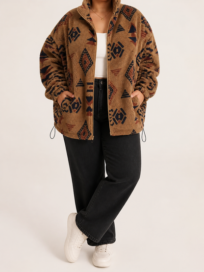 Chaqueta bomber de borreguito para mujer con motivo azteca - Cálida y moderna