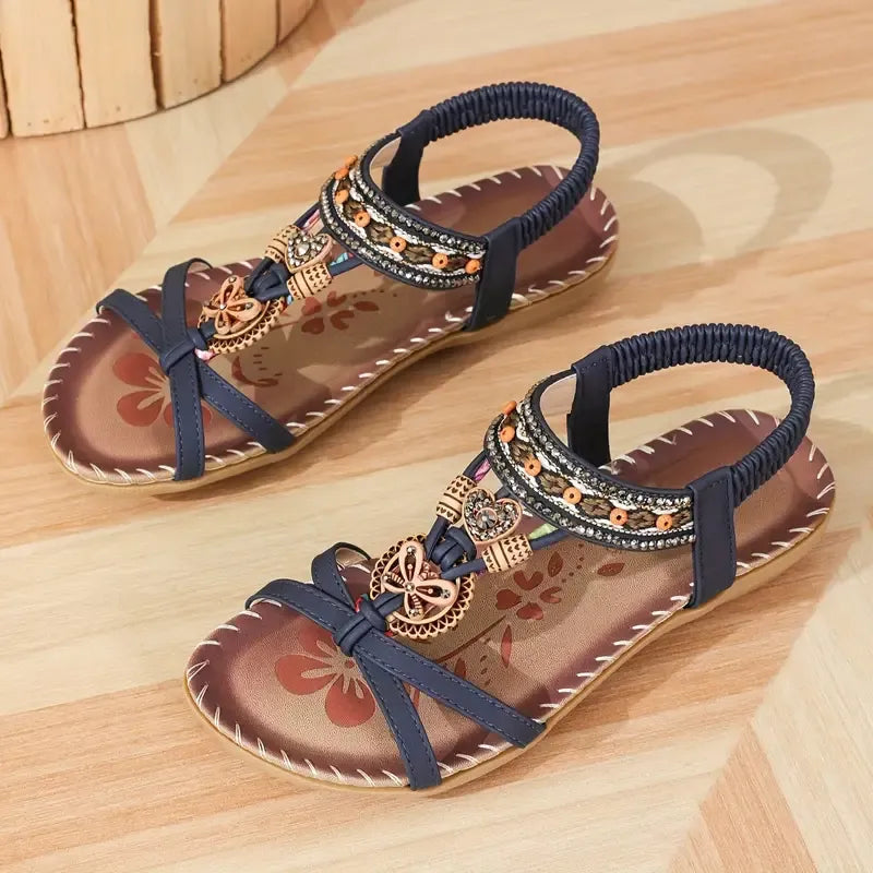 Sandales Élégantes Femme à Strass – Style Bohème Perlé et Brodé
