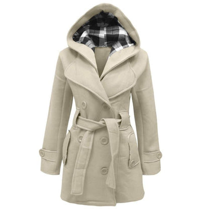 Manteau en laine luxueux à capuche pour femme – Manteau d’hiver ceinturé
