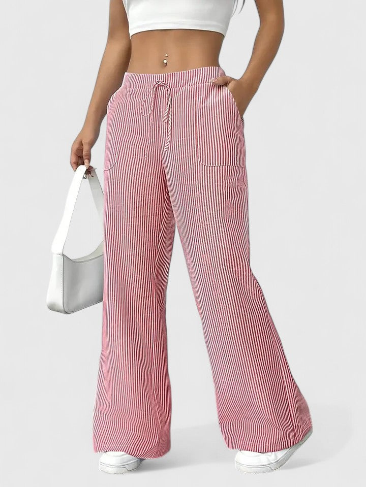 Pantalon Large Confortable Élégant Femme – Style Rayé avec Cordon