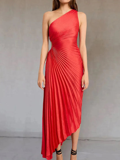 Asymmetric pleated maxi dress for women - Elegant and flowing