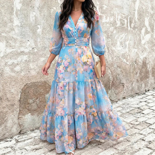 Robe femme cintrée à volants superposés manches 3/4