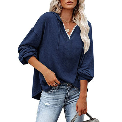 Sudadera de mujer con capucha, cuello en V de encaje y mangas largas