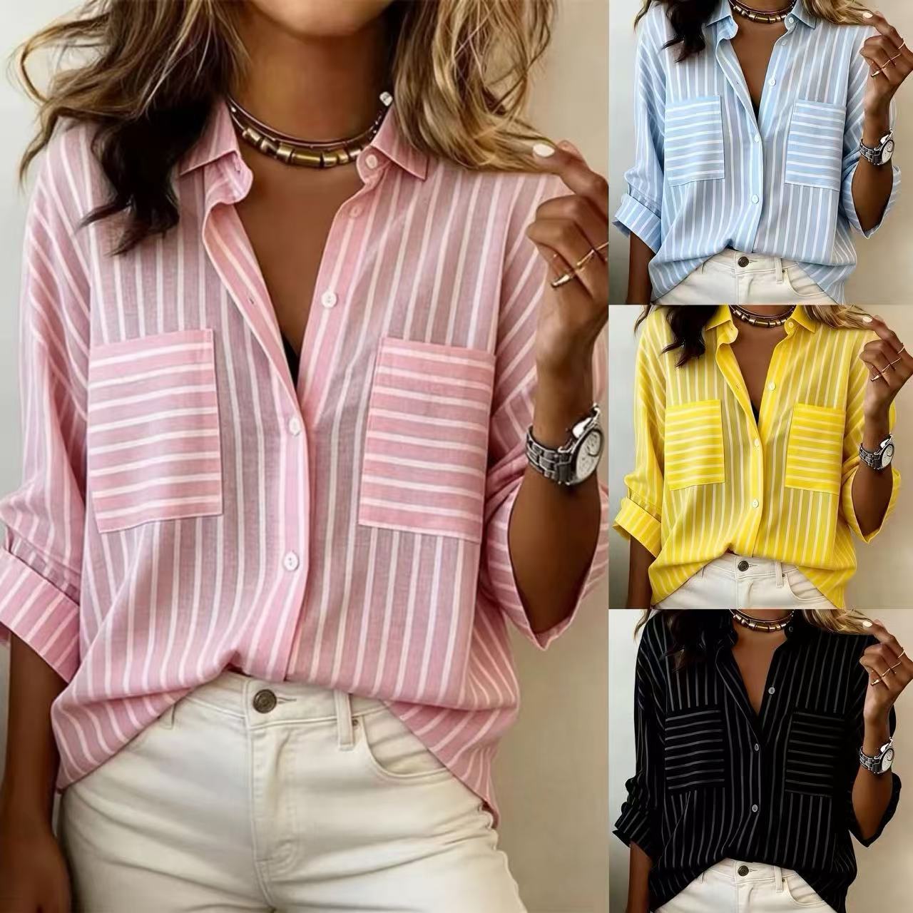 Camicia da donna a righe a maniche lunghe – Stile casual classico con abbottonatura semplice