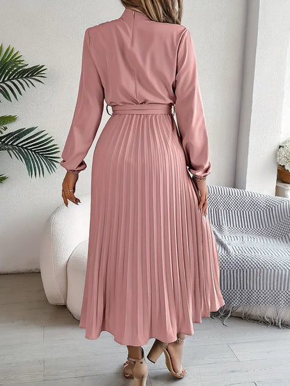 Robe Midi Femme Élégante Plissée Ceinturée – Manches Longues Style A-Line