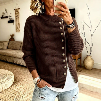 Pull femme côtelé à zip asymétrique – Moderne et confortable