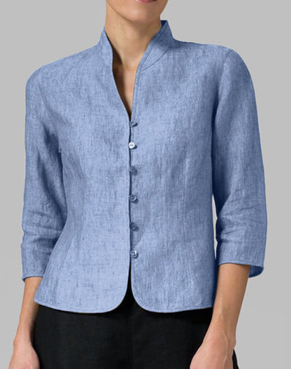 Blouse Ajustée Élégante à Boutons Femme – Col Montant en V avec Manches 3/4