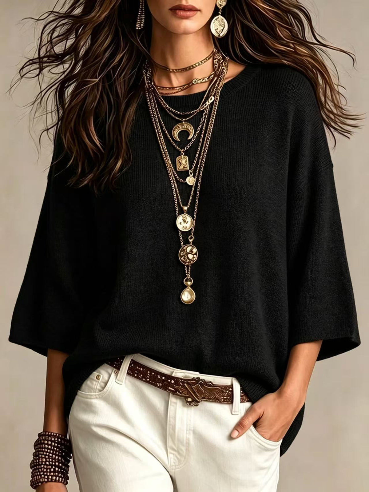 Jersey holgado de mujer - Con mangas anchas y cuello redondo