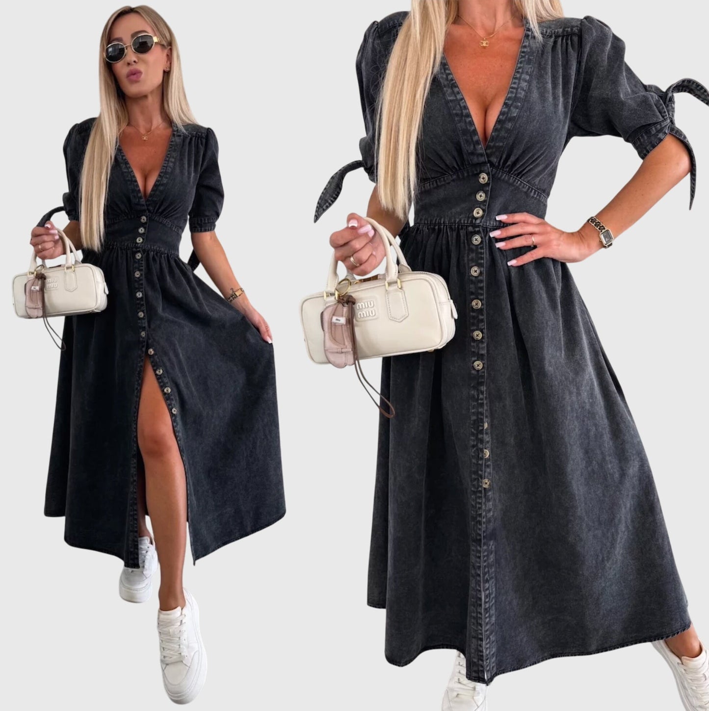 Robe Maxi Denim Élégante Col V – Robe A-Line Boutonnée Stylée