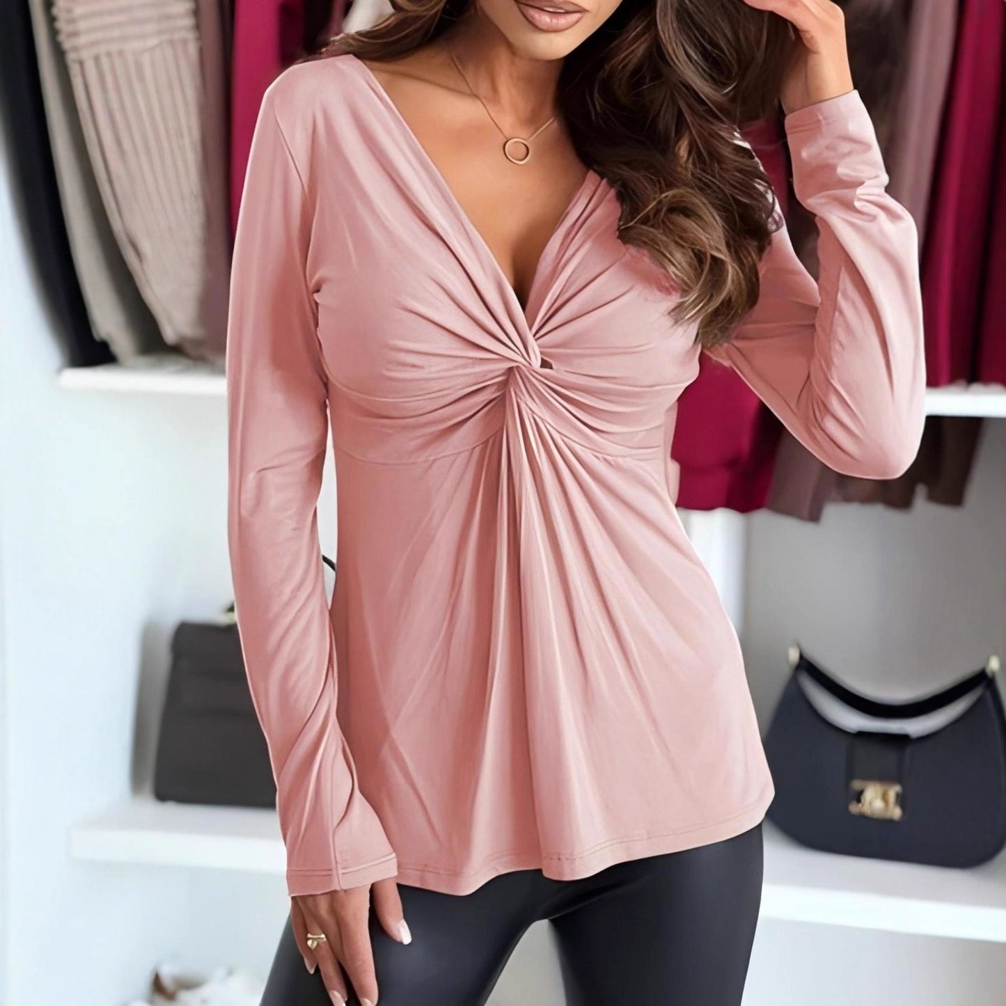 Solid-colored long-sleeved V-neck pleated top for women – Fluid and elegant