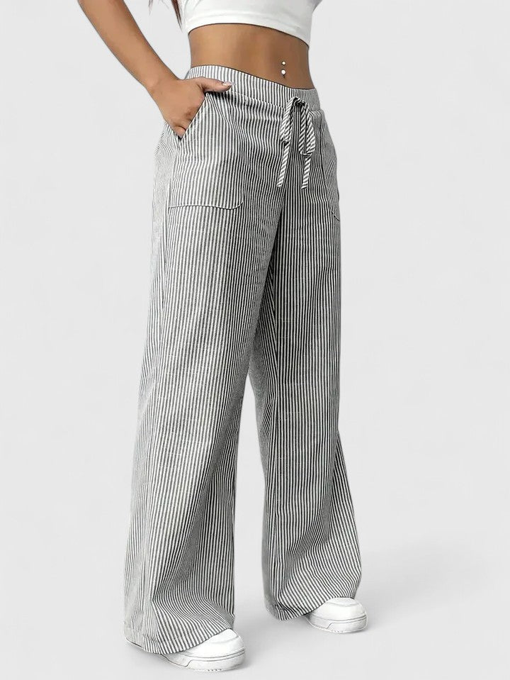 Pantalon Large Confortable Élégant Femme – Style Rayé avec Cordon