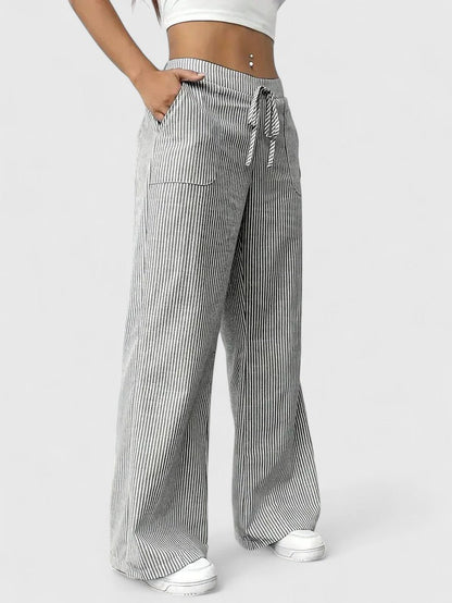 Pantalon Large Confortable Élégant Femme – Style Rayé avec Cordon
