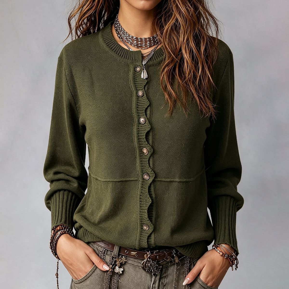 Women's Casual Button-Front Round-Neck Cardigan – Comfortable Everyday Layering Style