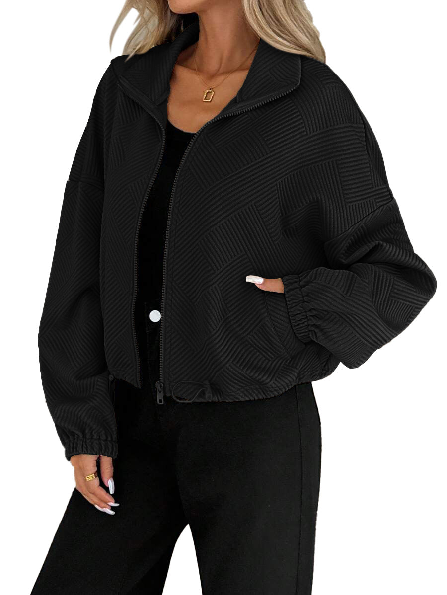 Women's stand-collar zip-up jacket – Loose fit, drawstring hem, casual fall-winter style