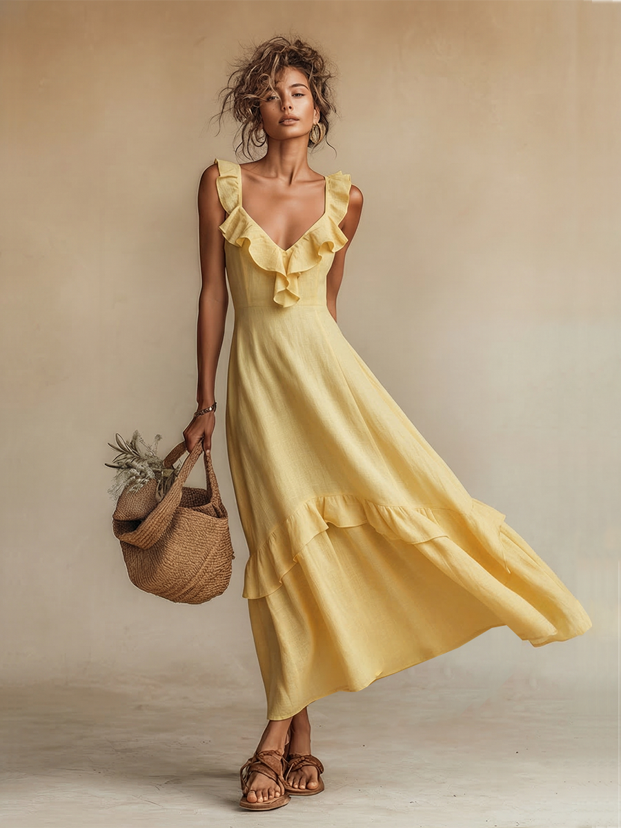 Women's Yellow Linen Maxi Dress with V-Neck and Ruffles - Bohemian and Summery
