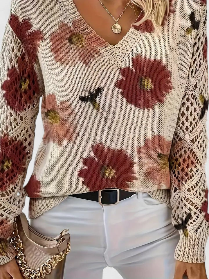 Pull Femme à Col V Tricoté à Fleurs – Pull Moderne Élégant