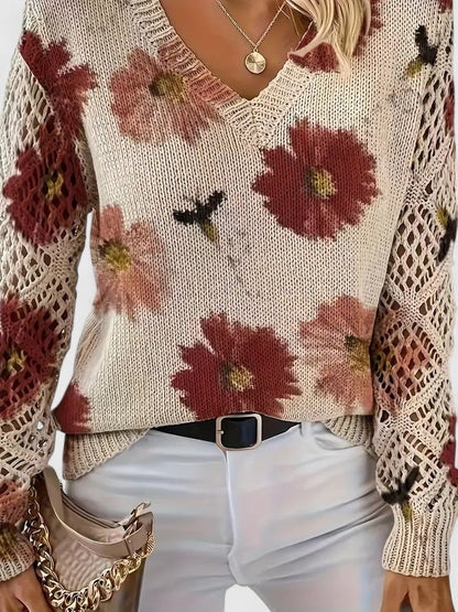 Pull Femme à Col V Tricoté à Fleurs – Pull Moderne Élégant