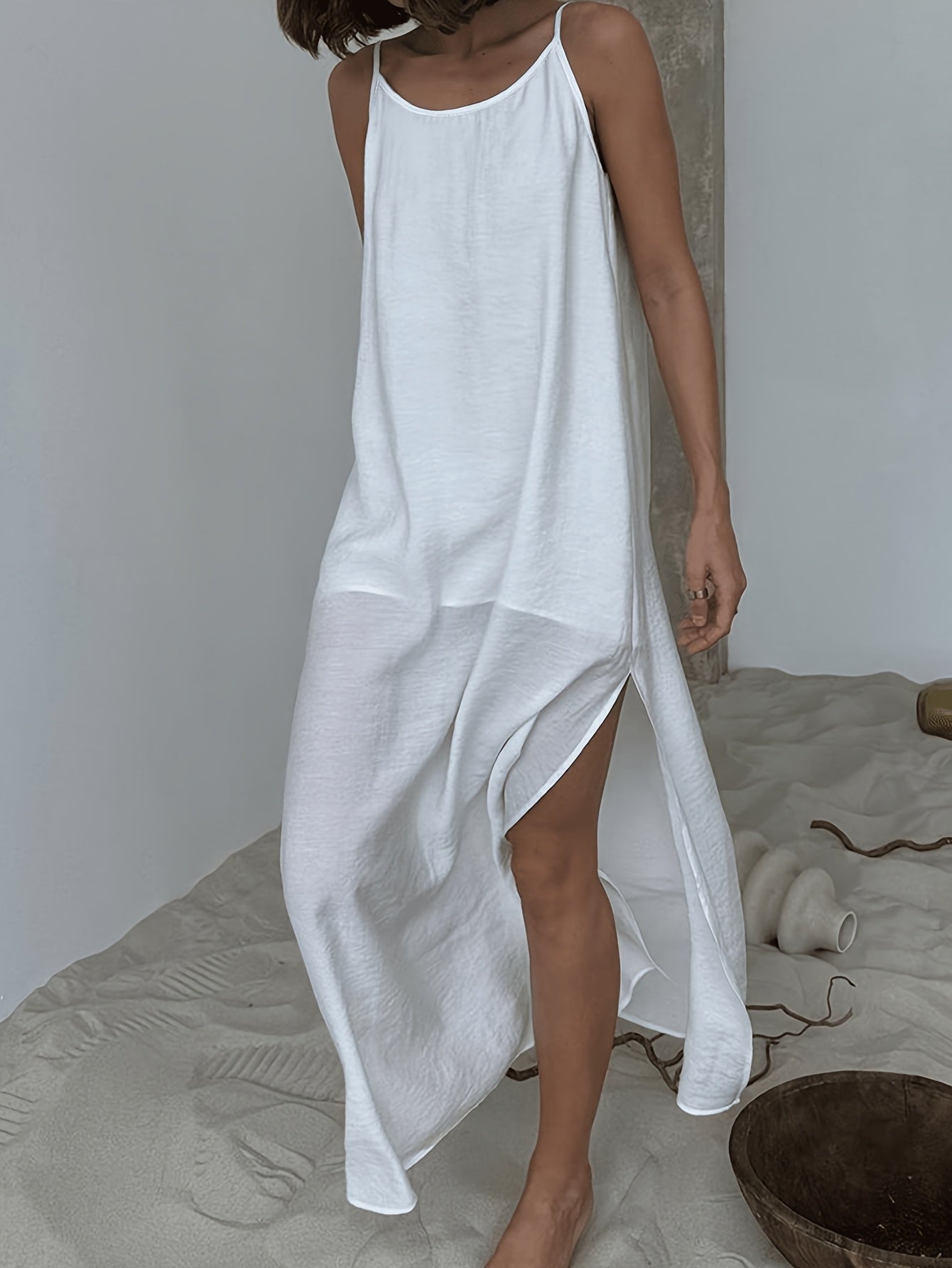 Robe Longue Élégante Minimaliste à Bretelles pour Femme – Été Décontracté Blanche