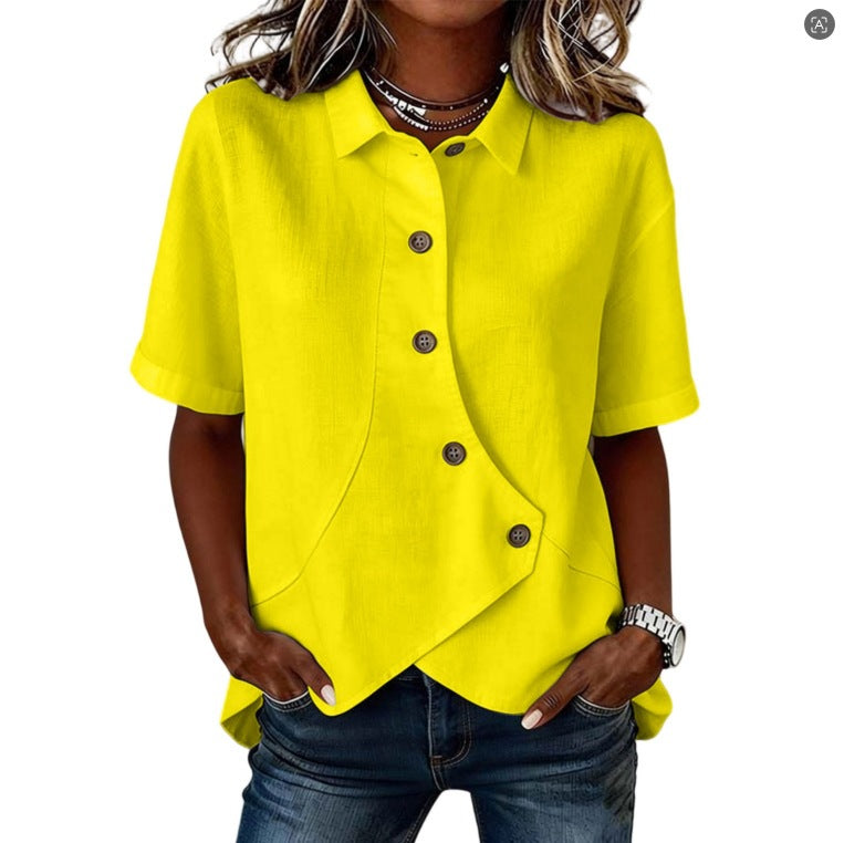 Camicia da donna tinta unita con chiusura asimmetrica e maniche corte