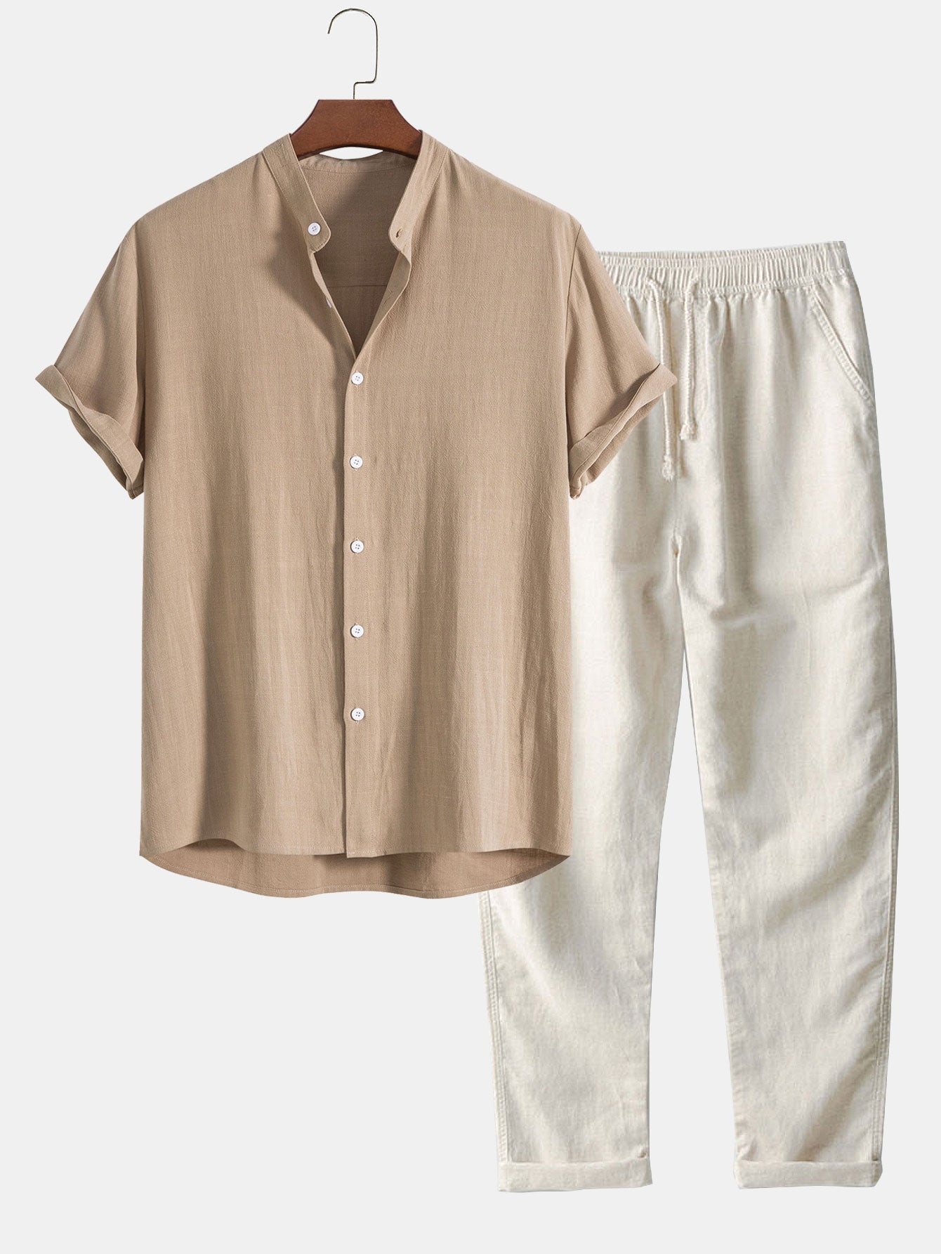 Ensemble Homme Été Coton Lin – Chemise Manches Courtes et Pantalon Décontracté