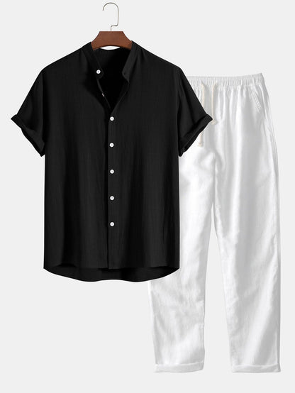 Ensemble Homme Été Coton Lin – Chemise Manches Courtes et Pantalon Décontracté