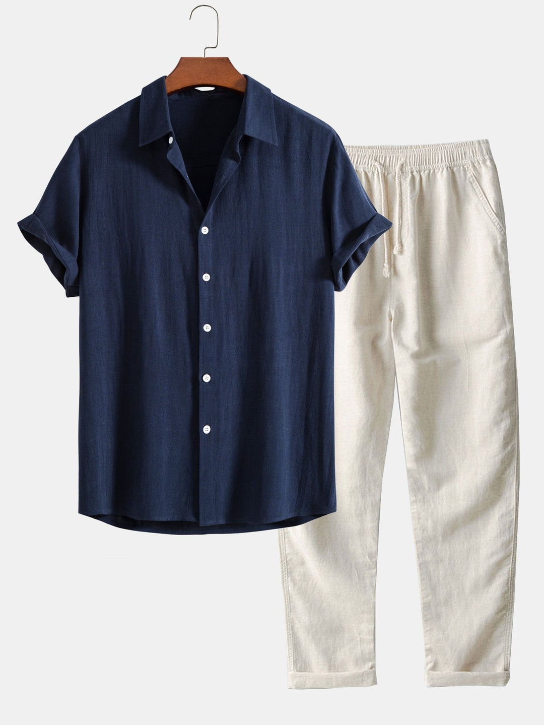 Ensemble Homme Été Coton Lin – Chemise Manches Courtes et Pantalon Décontracté