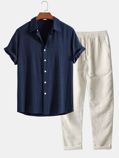 Ensemble Homme Été Coton Lin – Chemise Manches Courtes et Pantalon Décontracté