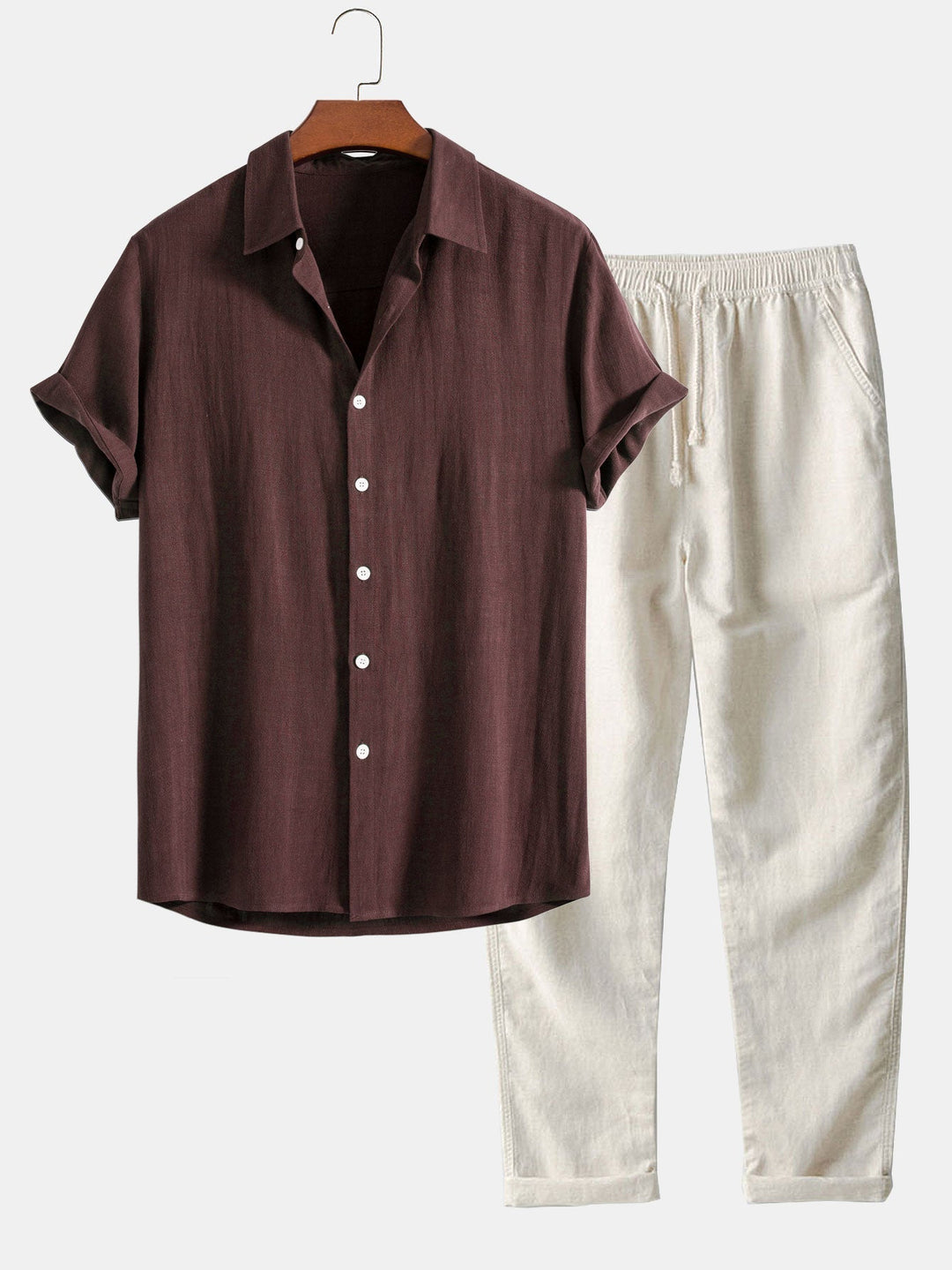 Ensemble Homme Été Coton Lin – Chemise Manches Courtes et Pantalon Décontracté