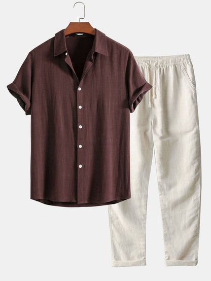 Ensemble Homme Été Coton Lin – Chemise Manches Courtes et Pantalon Décontracté