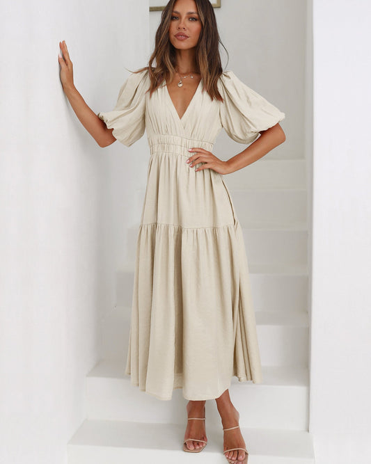 Robe Maxi d’Été Femme à Manches Bouffantes – Style Élégant Col V