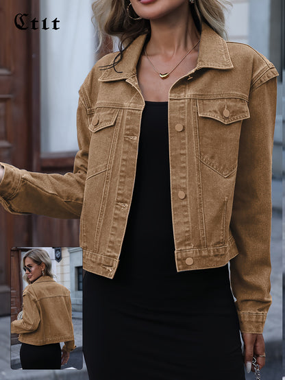 Vintage washed denim jacket for women – Short casual style with long sleeves