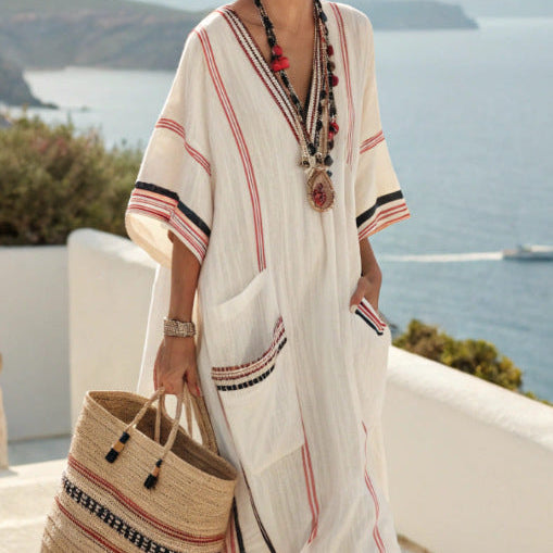 Robe caftan bohème brodée femme – Longue robe d’été blanc rouge