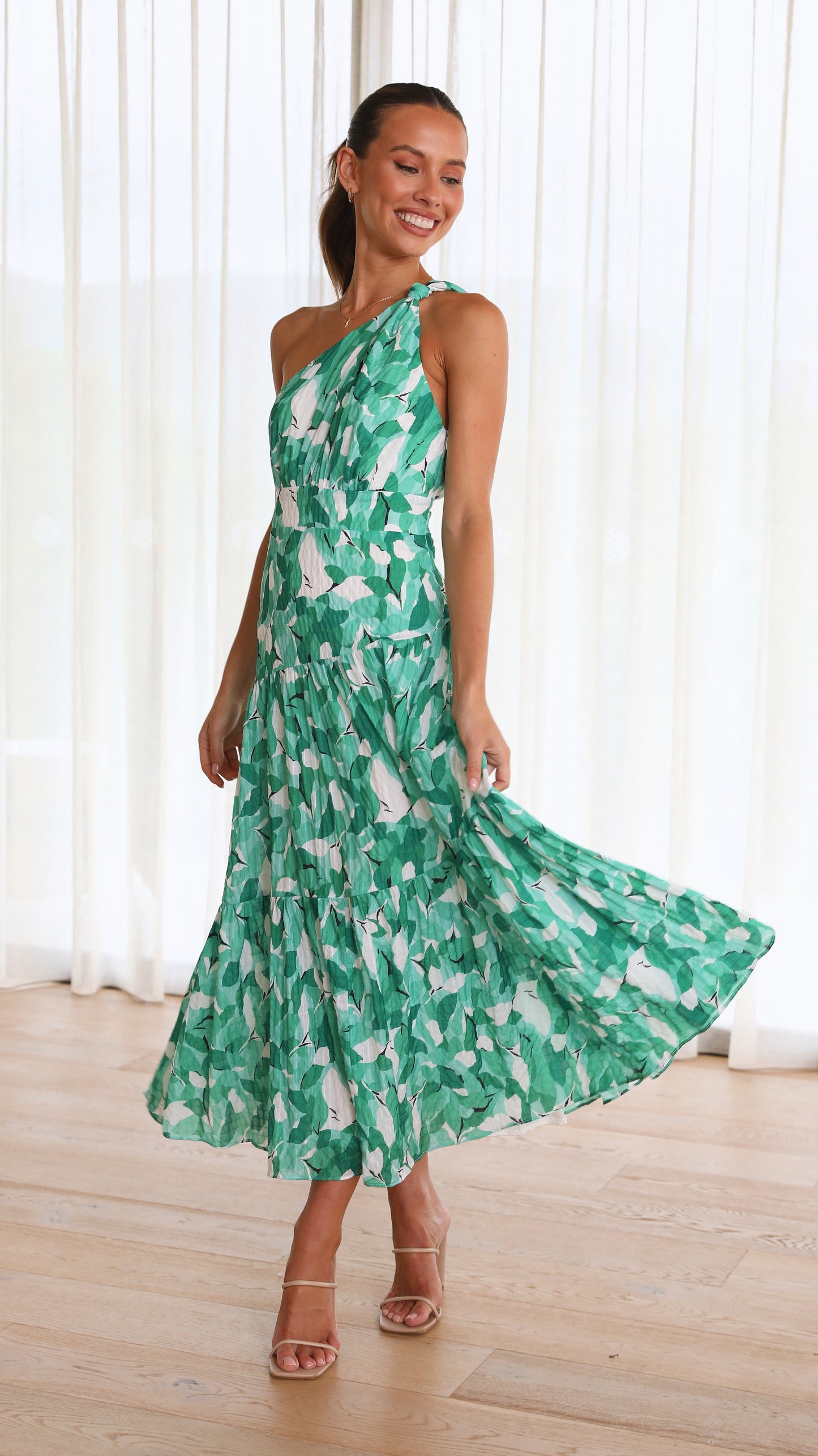 Femme Midi Florale Élégante à Épaule Unique Invitées de Mariage Robe