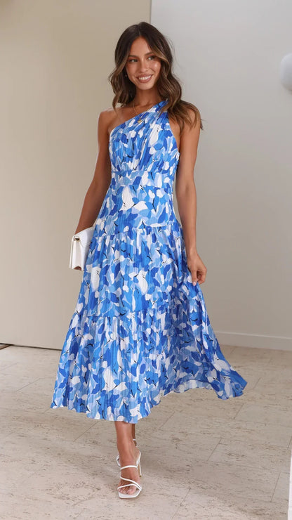 Femme Midi Florale Élégante à Épaule Unique Invitées de Mariage Robe