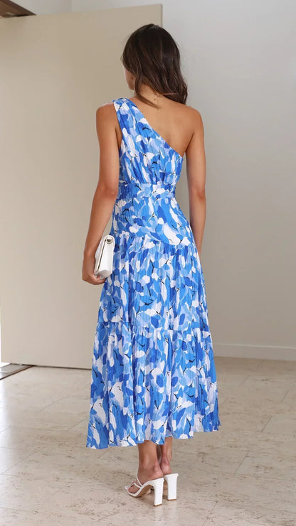 Femme Midi Florale Élégante à Épaule Unique Invitées de Mariage Robe