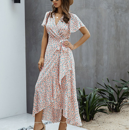 Robe Cache-Cœur Florale Élégante pour Femme – Style Estival à Volants