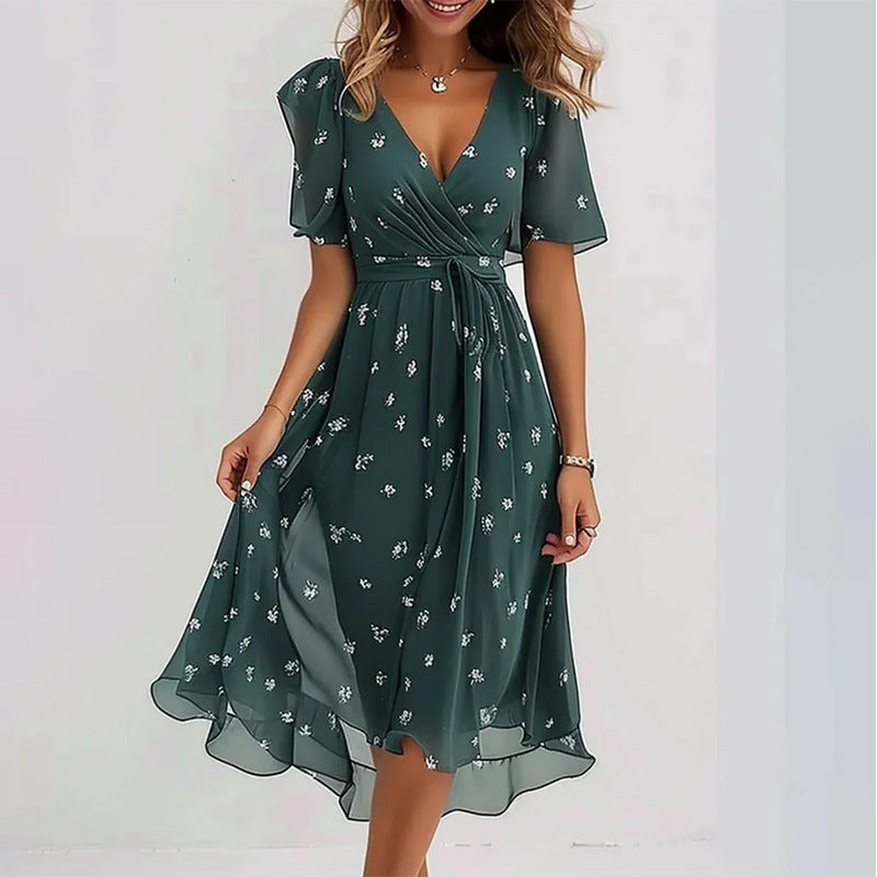 Robe Midi Femme Cache-Cœur à Fleurs – Style A-Line à Manches Courtes