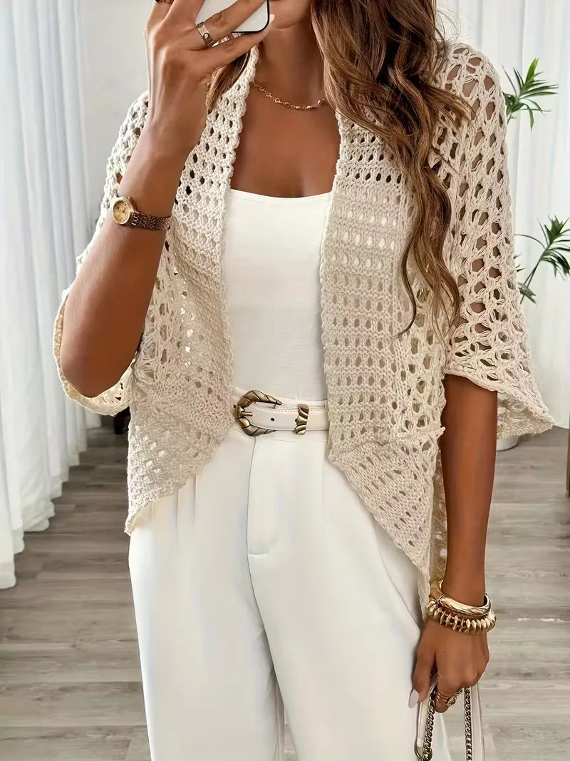 Women’s Crochet Cardigan – Light Beige Openwork Knit Layer
