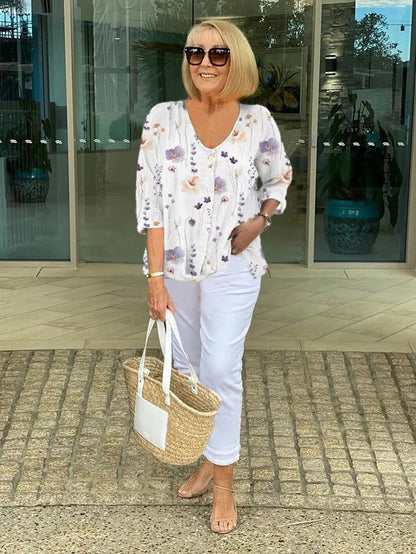 Femme légère à fleurs en lin col en V Blouse – Respirante, élégante, confortable