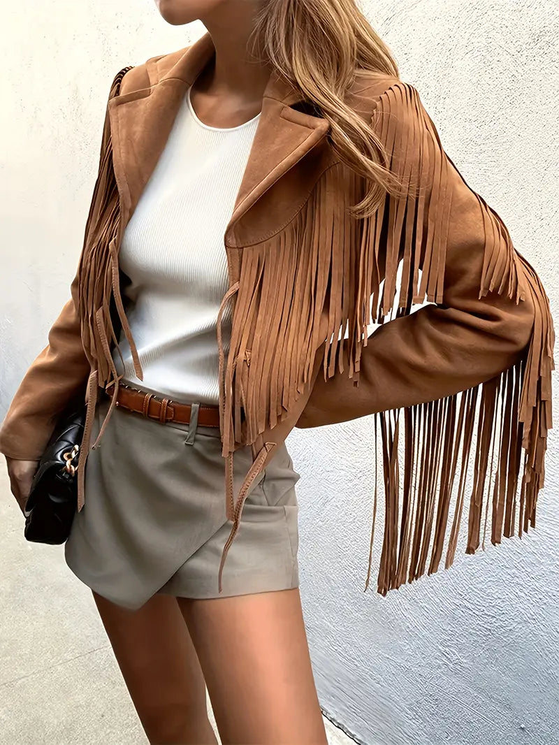 Veste en Suède pour Femme avec Col à Revers et Franges – Élégance Bohème