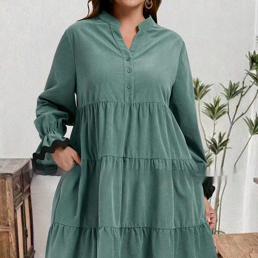 Robe midi femme ample à col V et manches longues