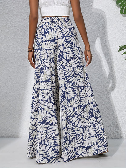 Pantalon large en coton imprimé floral bohème pour femmes - Taille haute, ceinture élastique, pantalon long de plage pour vacances d'été, style décontracté élégant