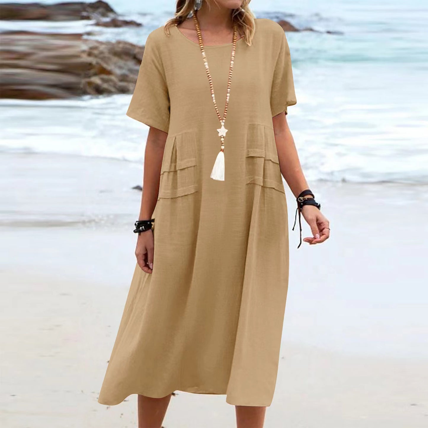 Vestido midi para mujer de algodón y lino con mangas cortas - Transpirable y relajado