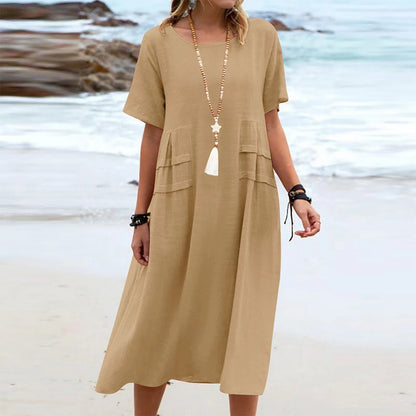 Vestido midi amplio para mujer en algodón y lino transpirable con mangas cortas