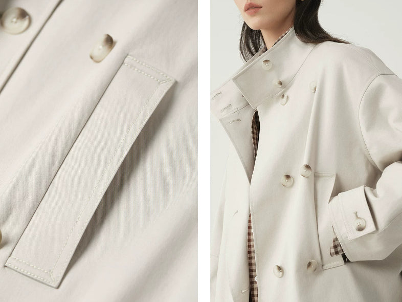 Women's Double-Breasted Stand-Collar Jacket – Elegant Fitted Style for Petite Sizes