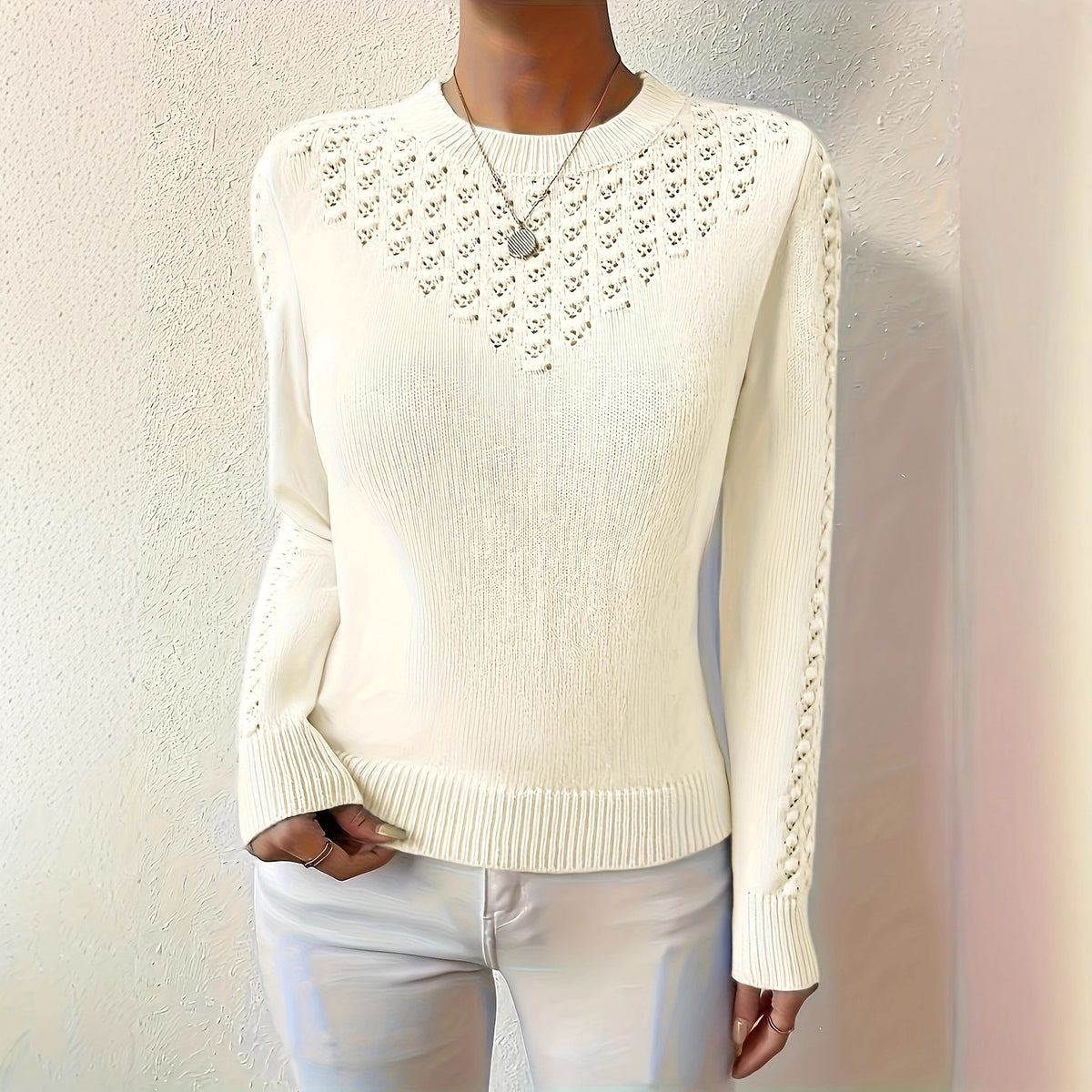 Women's openwork crew-neck sweater - Soft and elegant